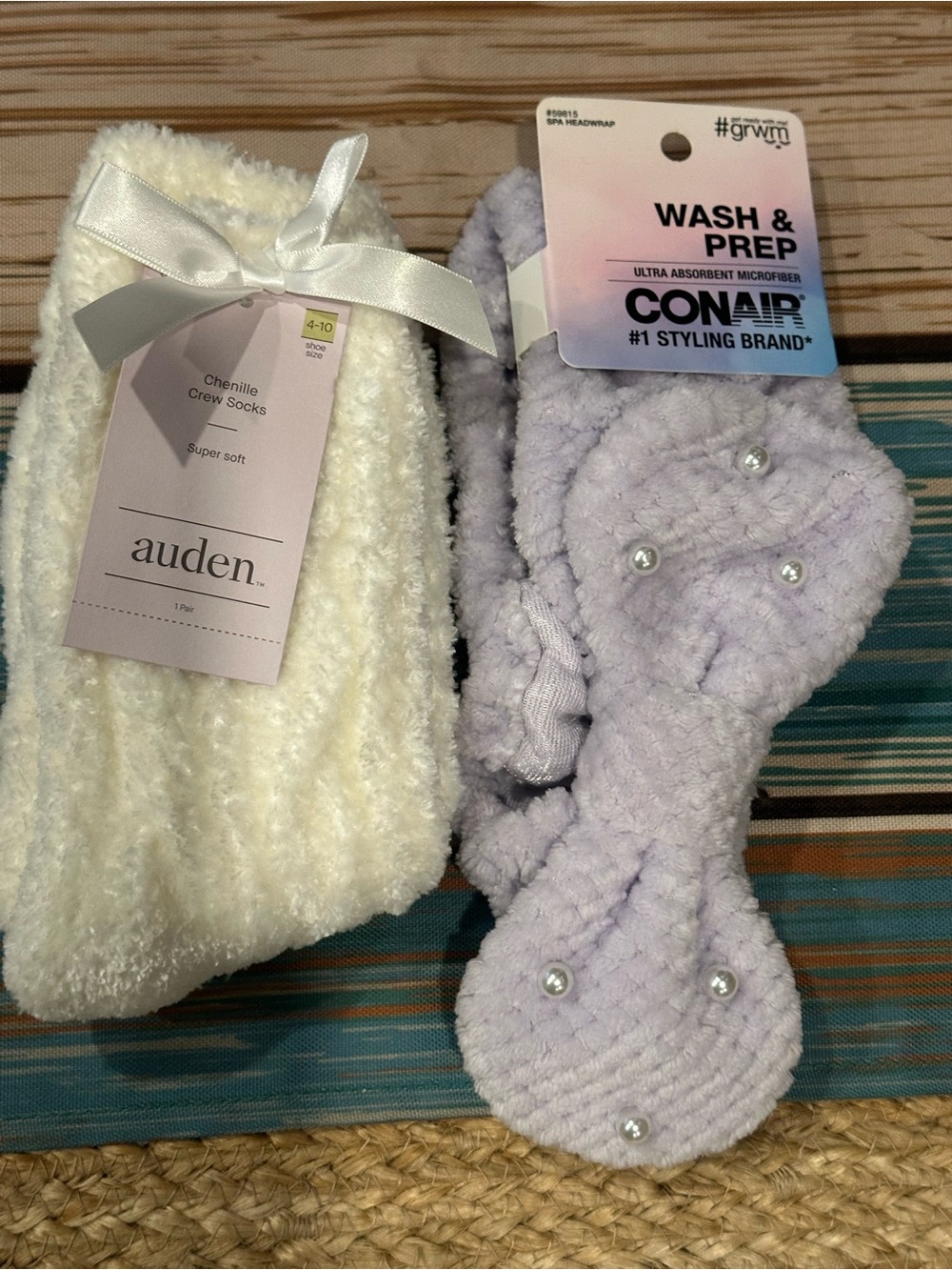 Auden fuzzy socks and Conair lilac pearl spa headband bundle